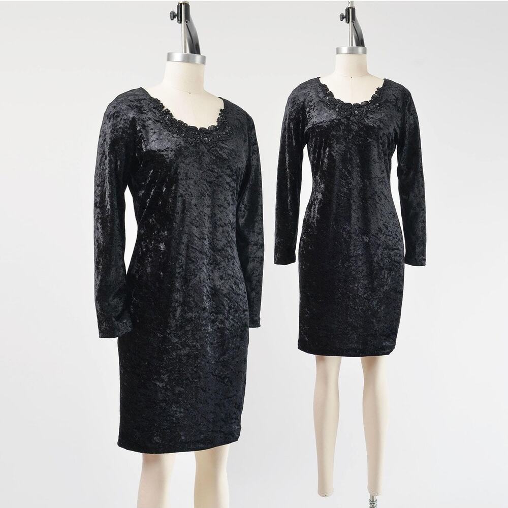 Vintage 90s Black Crushed Velvet Stretchy Body Con Beaded Lace Mini Dress S M